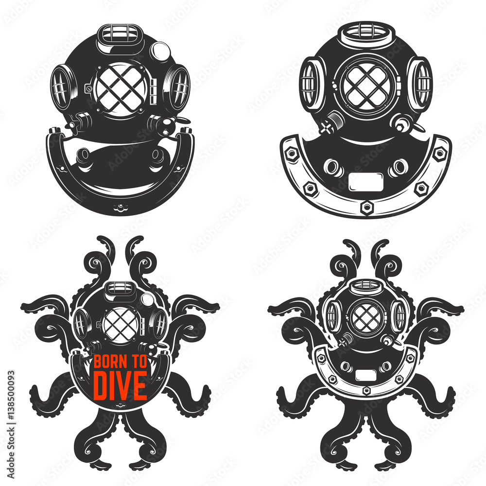 Set of vintage diver helmets. Diver helmet with octopus tentacles. Born ...