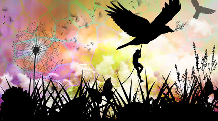 Wall Mural - Birdie teach me how to fly cartoon character in the real world silhouette art photo manipulation