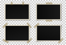 Vector Set Of Black Photo Frames With Various Shadows. Glued With Adhesive Tape Mock Up Of Frames
