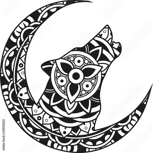 Download Vector illustration of a mandala moon and wolf silhouette ...