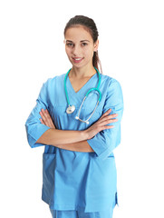 Wall Mural - Young beautiful doctor on white background