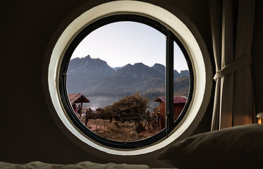 Wall Mural - Circle windows with countryside highland view