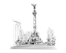 Mexico. Angel Of Independence Column. Hand Drawn Vector Illustration.