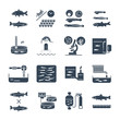 set of black icons aquaculture production process, fish farming