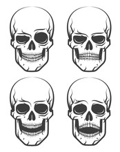 Monochrome Skull Tattoo Set Of Emotions. Vector Illustration On White Background.
