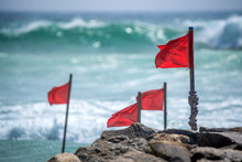 Red Warning Flag On Beach