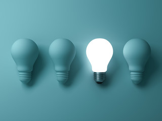 Poster - One glowing light bulb standing out from the unlit incandescent bulbs on green background , individuality and different creative idea concepts . 3D rendering.