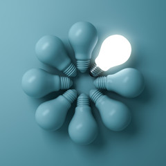 Poster - One glowing light bulb standing out from the unlit incandescent bulbs on green background with shadow , individuality and different creative idea concepts . 3D rendering.