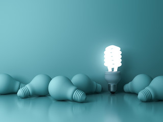 Poster - Energy saving light bulb , one glowing fluorescent lightbulb standing out from dead incandescent bulbs on green background , individuality and different creative idea concepts . 3D rendering.