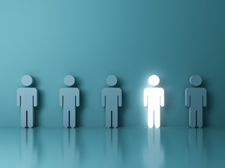 Fototapete - Stand out from the crowd and different creative idea concepts , One glowing light man standing among green people on green background with reflections and shadows . 3D rendering.