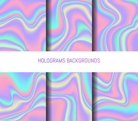 Set of 6 realistic holographic backgrounds in different colors for design. Hologram to create trendy modern design. Backgrounds for design cards, filling silhouettes, pattern design to printing.