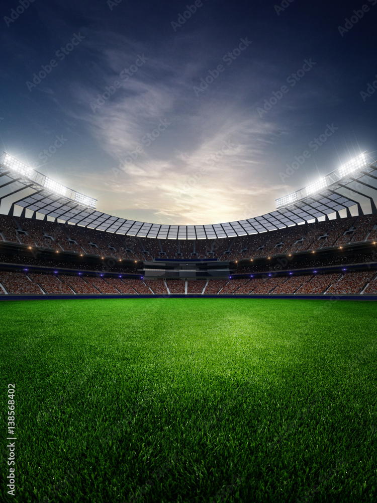 stadium in sunset. with people fans. 3d render illustration blue sky - obrazy, fototapety, plakaty 