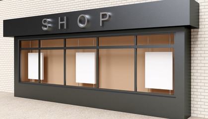 Wall Mural - blank mock up of store street showcase window in a city. 3d rendering
