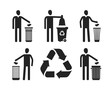 Trash can or bin with human figure. Recycling, do not litter set of icons or symbols. Vector illustration