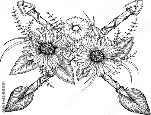 Tribal Arrow In Ethnical Pattern With Feathers And Wild Flowers Stock Vector Adobe Stock