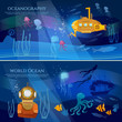 Yellow submarine underwater with periscope. Sea exploration banner. Oceanography concept