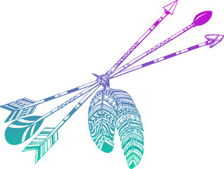 Wall Mural - Tribal arrow in ethnical pattern with feathers and wild flowers