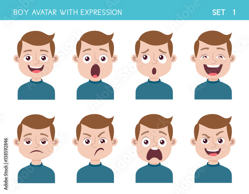 Set of kid facial emotions. Boy cartoon style character with different ...
