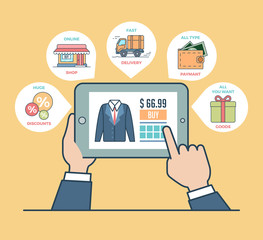 Wall Mural - linear flat male touching screen business sale shop vector.