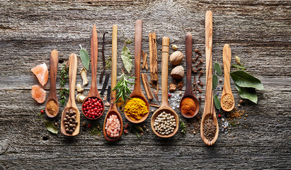 Spices and herbs on a wooden board