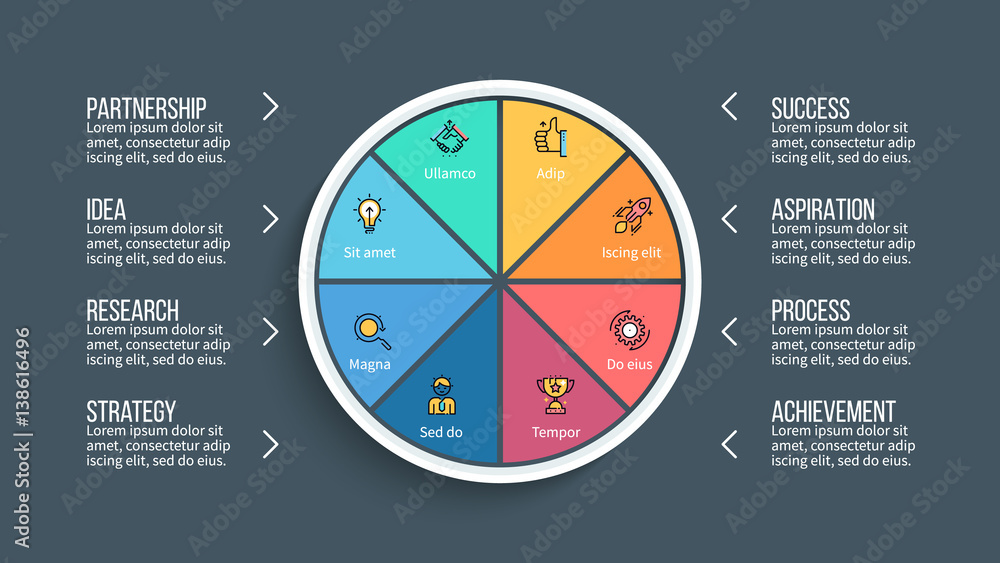 Vector pie chart. Presentation template with 8 steps, options, sections ...