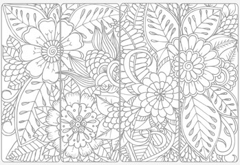 Wall Mural - Vector set of monochrome bookmarks and doodle flowers for coloring adult coloring book.