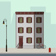 Small apartment building with stairs to the main door. Flat vector illustration.