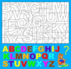 Wall Mural - Educational page for young children.  Need to find the hidden letters of English alphabet and paint them in relevant colors. Vector image.