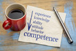 competence concept on napkin with coffee