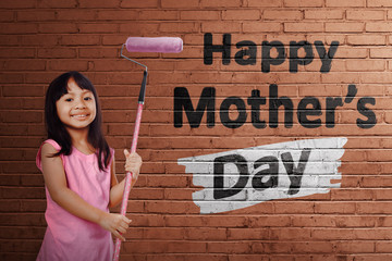 Sticker - Asian cute girl with pink roller brush paint Happy Mothers day message