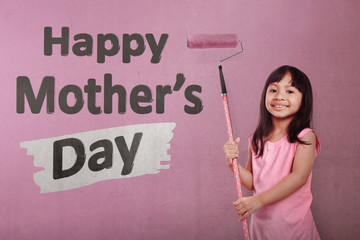 Sticker - Happy asian little girl holding roller brush paint Happy Mothers day message