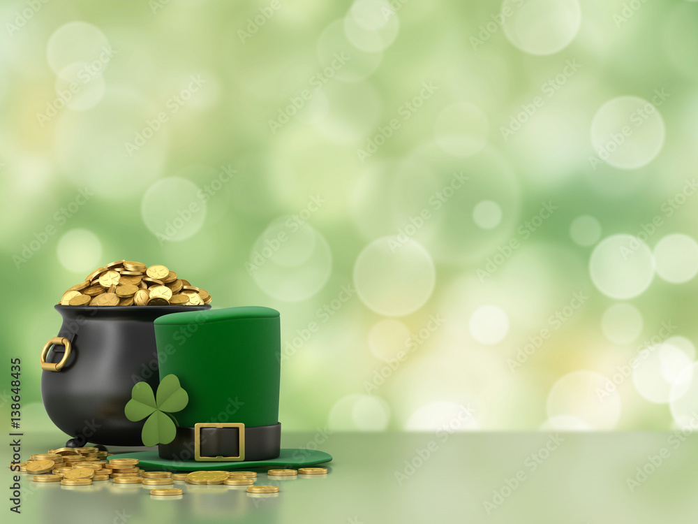 3d render of black pot full of gold coins and leprechaun hat - obrazy, fototapety, plakaty 