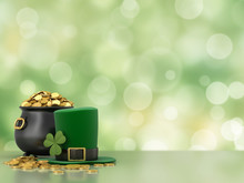 3d Render Of Black Pot Full Of Gold Coins And Leprechaun Hat