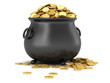 3d render of black pot full of gold coins