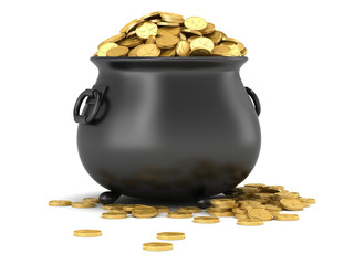 Wall Mural - 3d render of black pot full of gold coins