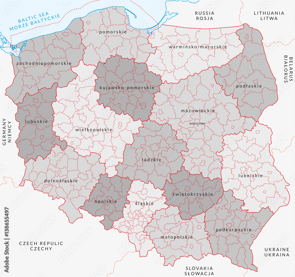 Fototapeta Mapy Mapa Polski z podziałem administracyjnym