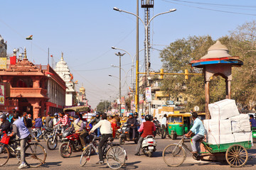 crowded and traffic packed world famous market chandni chowk situated in front of historical red for