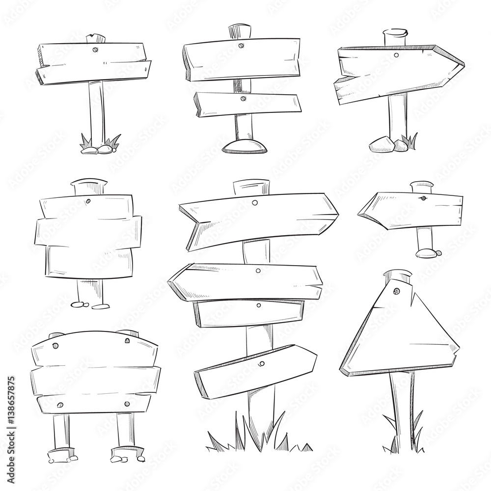 Cartoon doodle road wooden signs vector set Stock Vector | Adobe Stock
