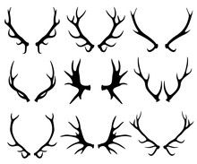 Antlers, Deer And Reindeer Horns Vector Silhouettes Isolated On White