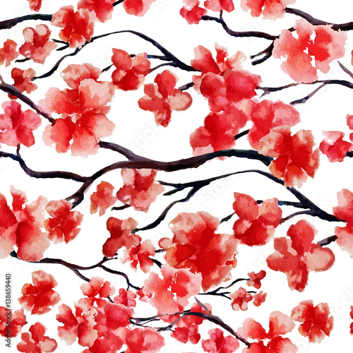 Stoffe zum Nähen Japanische Kirsche Zweig Frühling Blüte, rote Sakura Baum Aquarell Musterdesign. Vektor-Illustration, bereit für drucken. Tapetendesign, Textil-Design zur Verfügung.