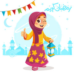 Wall Mural - Thumb Up Young Girl Celebrating Ramadan