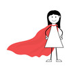 Cartoon superhero girl stick figure with red cape