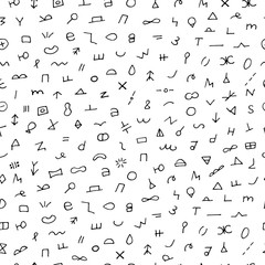 Black and white hand drawn seamless pattern. Abstract doodle background. Vector print. Random signs.
