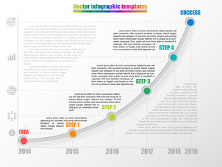 Wall Mural - Timeline infographic template with 4 steps, start and finish option. Growth chart by years with inscription and coments. Grey colors and multicolored step points. Vector illustration.