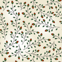Seamless Pattern Background. Colorful Branches With Leaves And Buds. Vector Illustration.