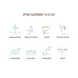 Spring gardening to do list. Garden clean up checklist with planting perennials, digging and mulching, cleaning, trim bushes and trees, sowing seeds, removing weeds, watering plants . Vector line icon