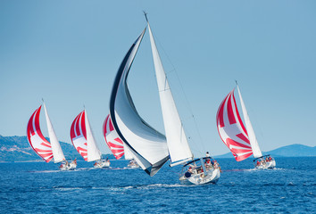 Wall Mural - Sailing boat with black and white spinnaker catching up sailing boat on horizon