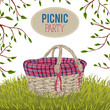 Picnic basket in meadow with grass and tree branches. Isolated elements. Design concept for picnic or barbecue party. Summer vacation. Hand drawn vector illustration