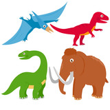 Fototapeta Dinusie - Collection of dinosaurs. Pterodactyl, brontosaurus, apatosaurus, mammoth and tyrannosaurus. Vector illustration set