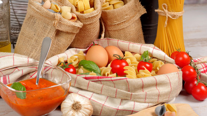 Wall Mural - pastas with eggs and cherry tomatoes